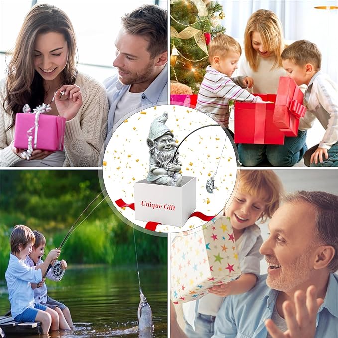 GARDEN WHISPER Gnome Statue Outdoor Garden Pond Koi Decoration, Fishing Gnome Sculpture Garden Koi Pond or Waterfall Decor, 9.7" Dwarf Fishing Poolside Statue, Great Gifts for Mom (Cartoon Style)