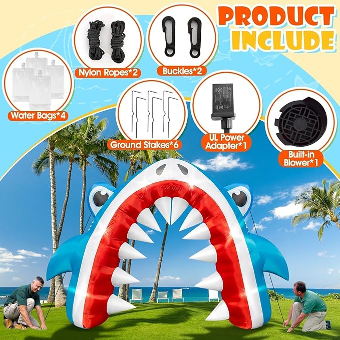 Eyourlife 12×8 FT Shark Halloween Inflatable Arch, Giant Outdoor Blow Up Yard Decoration with Built-in 6 LED Lights for Pool Stage Event Birthday Party Ocean Theme Luau Beach Party Take Photos
