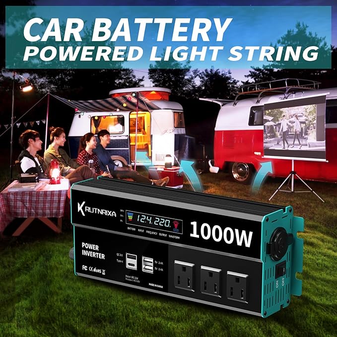 Power Inverters 1000W 12V DC to 110V AC Converter for Vehicles USB-C/PD 25 Watts Fast Charging Ports Car Charger Adapter with a Cigarette Lighter Ports Plug Outlet