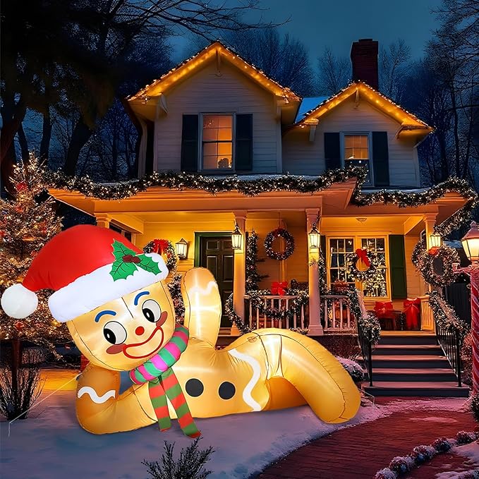 10 FT Christmas Inflatable Outdoor Decoration, Lying Gingerbread Inflatable Christmas Blow up Yard Decorations with LED Lights, Gingerbread Christmas Decoration Outdoor for Yard Garden Lawn