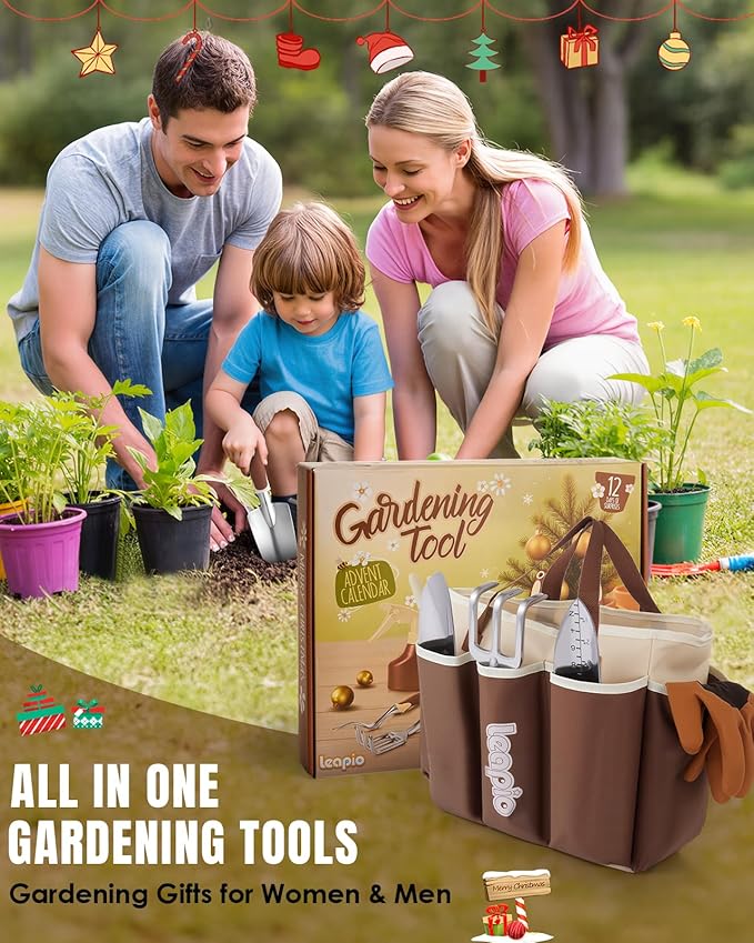 Gardening Christmas Advent Calendar for Adult Women Men 2025, 12 Days Gifts Garden Hand Tools Set with Storage Bag and Garden Gloves, Outdoor Plant Gardener Kit for Male Mom Dad Husband Wife Boyfriend