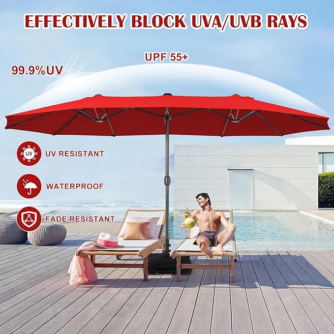 Sundale Outdoor Olefin 5-Year-Non-Fading 15 ft Patio Umbrella with Sand Bag Base and Cover, Large Outdoor Double-Sided Umbrella
