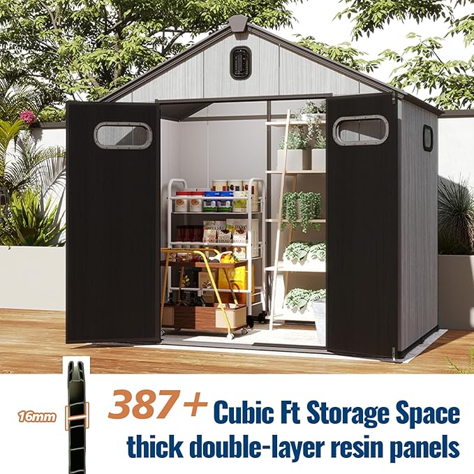 Domi 8×8ft Outdoor Resin Storage Shed - 387+ Cubic Ft Weatherproof Double-Wall Yard Shed with Skylight, Lockable Door and Carpet, Heavy-Duty Steel Frame Storage Building for Lawn Mower, Bike, Tools