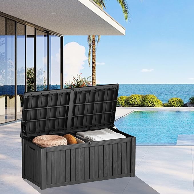 180 Gallon Waterproof Large Resin Deck Box Indoor/Outdoor Lockable Storage Container and Seating for Garden, Pool, and Patio (180 Gallon, Black)