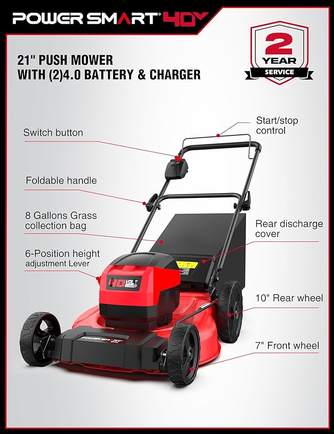 PowerSmart 40V 21" Cordless Push Lawn Mower with 2 x 4.0ah Batteries and Charger, up to 1/4 Acre (MB2400B)