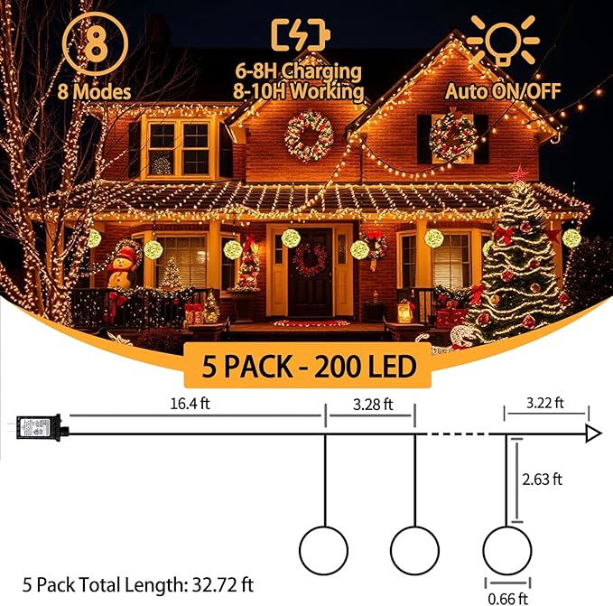 5 Pack 200Led Christmas Ball Lights for Tree Outdoor, 8 Modes 7.87in Globe String Lights Waterproof, Sphere Fairy Lights Outside for Window House Garden Yard Porch Indoor Decorations, Warm White
