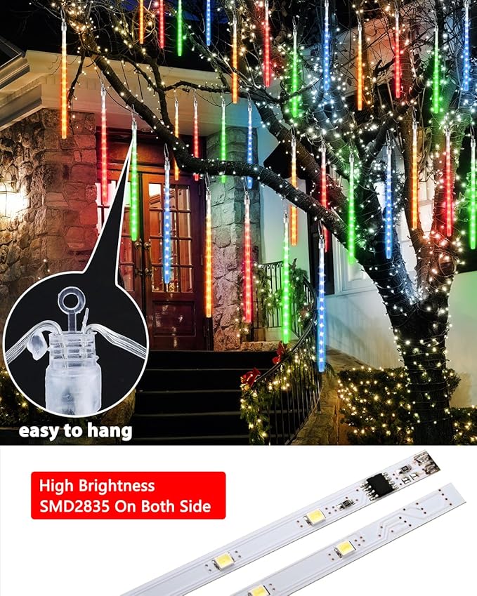 Flacchi Solar Meteor Shower Icicle Lights - 20 Tubes 480 LED Cascading Raindrop Lights, Outdoor Waterproof Christmas Decorations for Holiday Party(4 in 1 Multi-Colored, Solar 20 Tubes)
