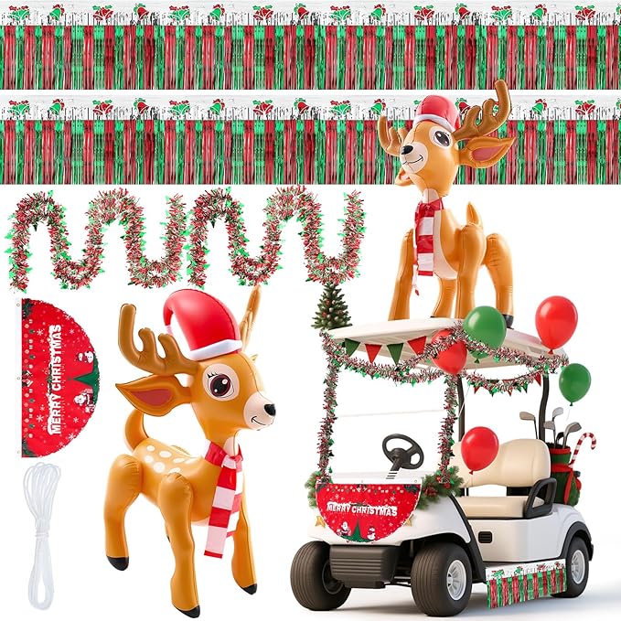 Hungdao 9 Pcs Christmas Golf Cart Parade Decorations Include 1 Pcs 4 Feet Inflatable Giant Reindeer with Bunting Flag Tinsel Garland for Christmas Car Yard Party Decoration