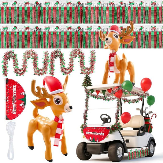 Hungdao 9 Pcs Christmas Golf Cart Parade Decorations Include 1 Pcs 4 Feet Inflatable Giant Reindeer with Bunting Flag Tinsel Garland for Christmas Car Yard Party Decoration