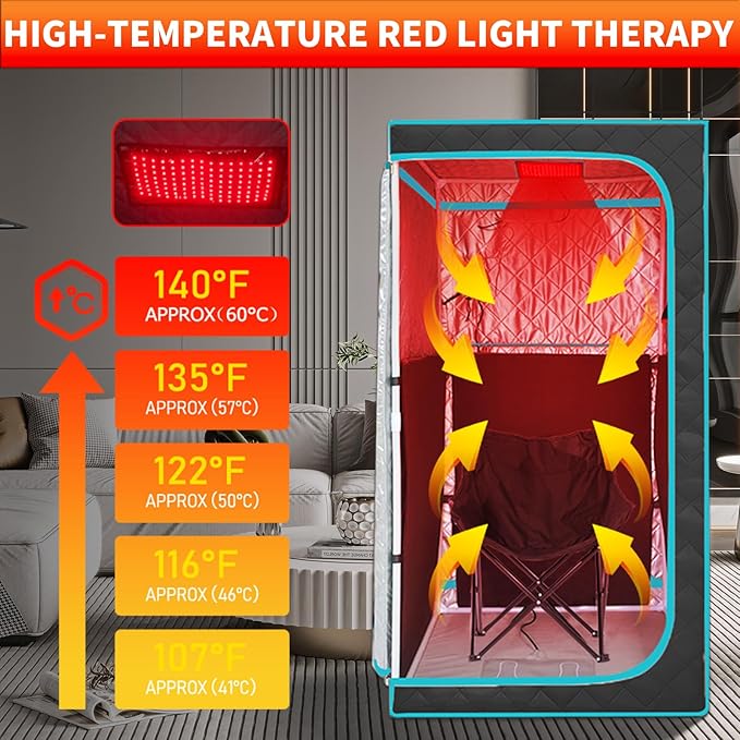 Portable Infrared Sauna for 1 Person, Red Light Therapy Full Size Home Sauna Box with Premium Dry Heating, Remote Temperature Control, Heated Foot Pad & Reinforced Folding Chair