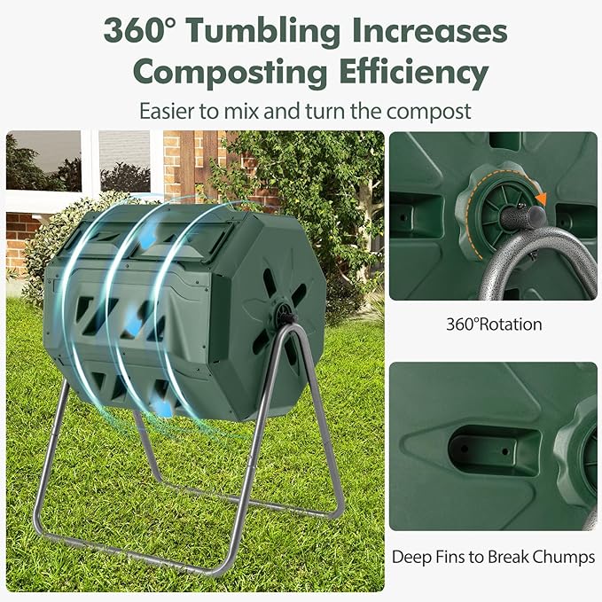 S AFSTAR Composter Tumbler Outdoor, 42-Gal Dual Chamber Tumbling Composter with 2 Sliding Doors, Metal Frame, BPA-Free Large Rotating Compost Bin Tumbler for Garden Yard Waste (Green)