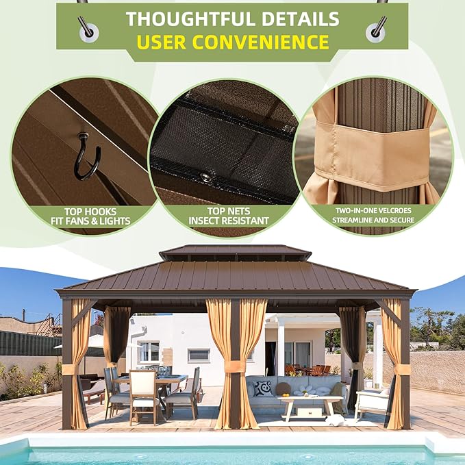 MELLCOM 12'x18' Hardtop Gazebo,Galvanized Steel Metal Double Roof Gazebos with Curtain and Netting, Brown Permanent Pavilion Canopy with Aluminum Frame for Patios,Gardens,Lawns
