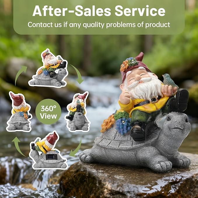 Solar Gnome on Turtle Statue Light, Weatherproof Resin Garden Decor Auto On/Off - Whimsical Night Glow for Fairy Garden & Yard