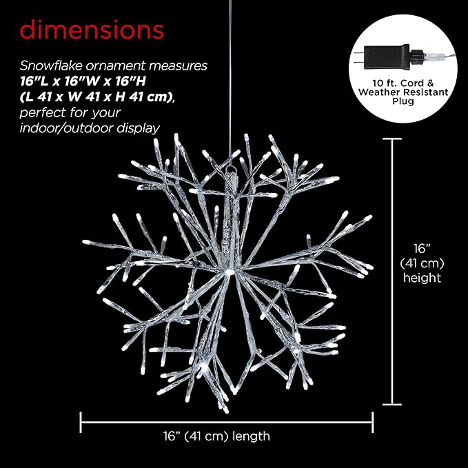 Alpine Corporation 16"H Indoor Holiday 3D Snowflake Hanging Ornament with LED Lights, White , Christmas Decoration