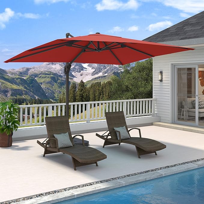 9' X 12' Cantilever Patio Umbrella 360°Rotation Rectangular Outdoor Large Offset Umbrellas Heavy Duty Windproof for Garden Deck Pool Backyard, Red