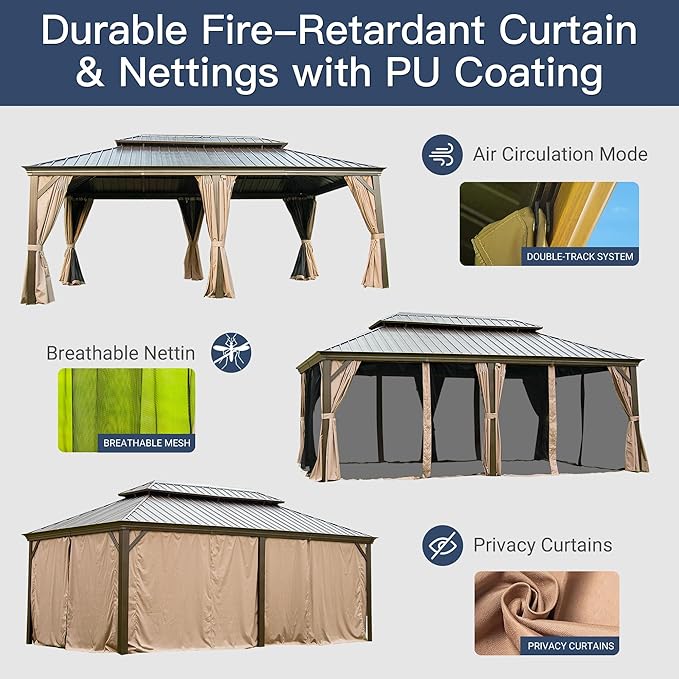 12' x 20' Hardtop Gazebo Outdoor Aluminum Gazebos with Galvanized Steel Double Canopy for Patios Deck Backyard,with Curtains&Netting by domi outdoor living