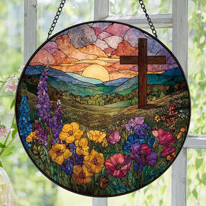 Wildflowers and Crosses Suncatcher -7.9 in Stained Glass Window Hanging Sun Catcher Garden Decor