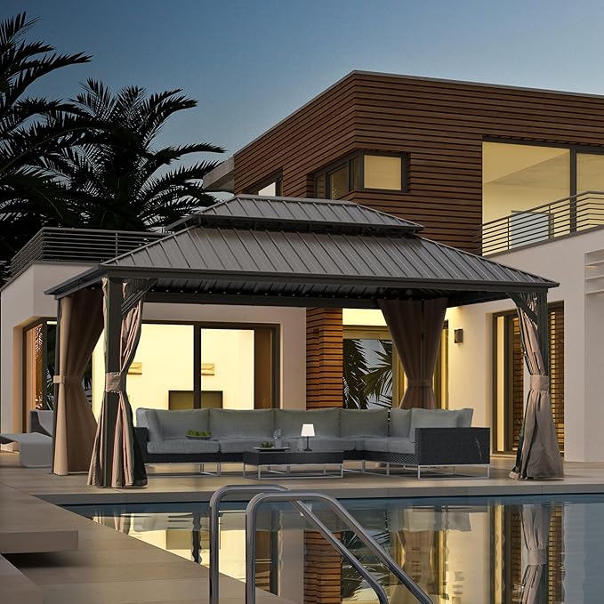 Domi 12'x16' Hardtop Gazebo Canopy Metal,Outdoor Metal Gazebo with Galvanized Steel Double Roof,Curtain and Netting,Permanent Gazebo Pavilion for Patio Deck,Backyard