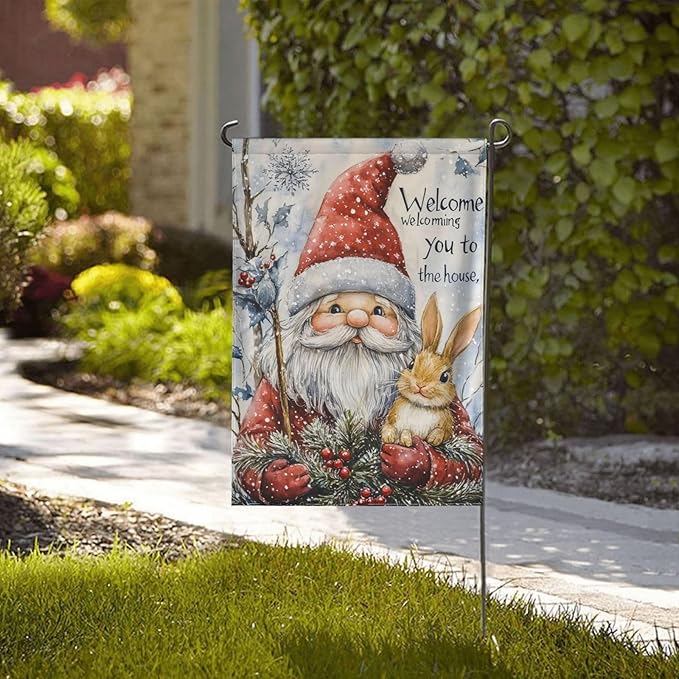 Christmas Gnome Rabbit Garden Flag Vertical Double Sided Outdoor Yard Flags 12.5x18 Inch Burlap Banners Vertical Double Sided for Outdoor Decor Lawn