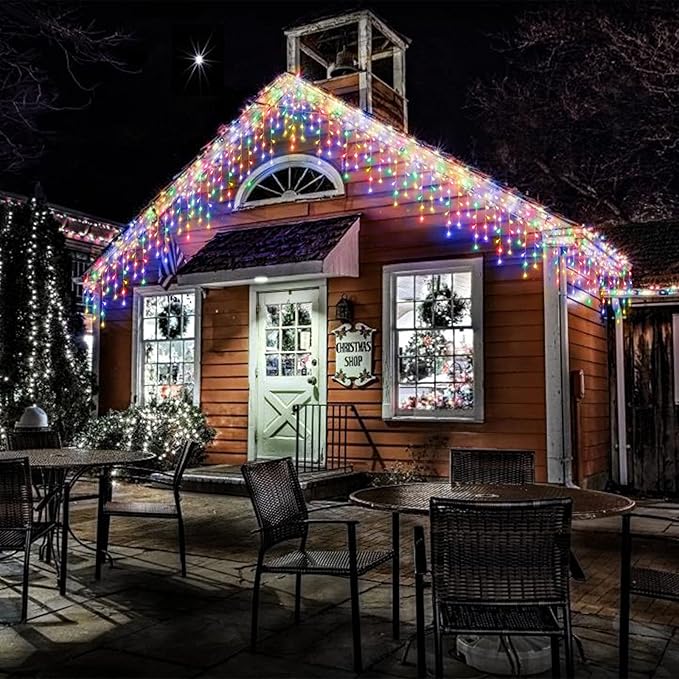 304 LED Solar Christmas Lights, Multicolored Outdoor Icicle Lights, 8 Modes Waterproof Solar Powered String Lights for Xmas Tree Patio Yard Garden Wedding Party House Eaves Roof Decorations