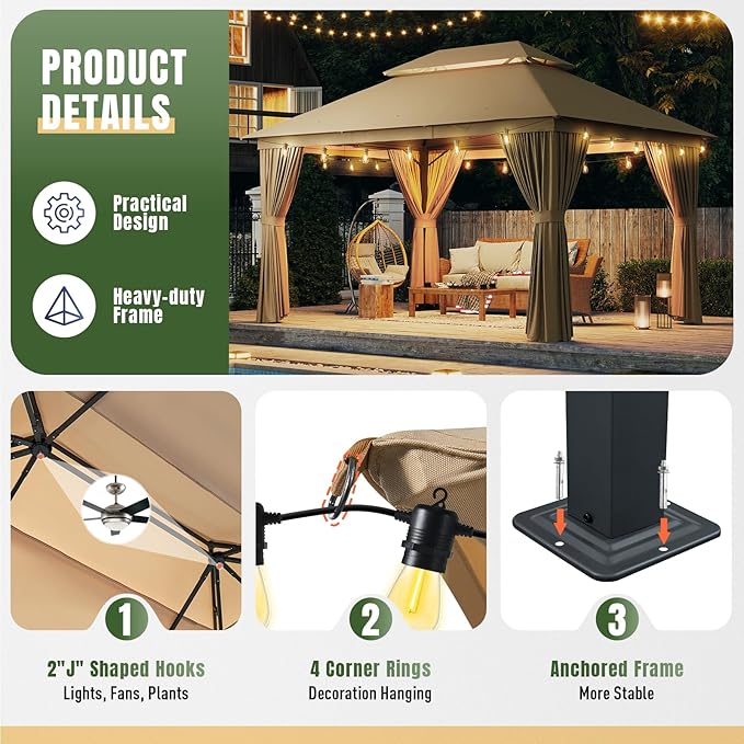 AOXUN Outdoor Gazebo for Patio 10x13, Metal Frame Canopy with Double Roofs, Heavy Duty Party Tent and Shelter with Mosquito Netting and Privacy Screen for Backyard, Lawn, Garden, Deck (Beige)