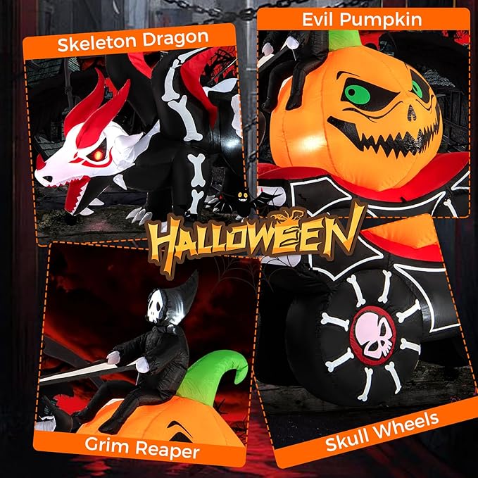 Goplus 9 FT Halloween Inflatable Outdoor Decoration, Blow up Grim Reaper Driving Pumpkin Carriage with Skeleton Dragon & Skull Wheels, Built-in LED Lights, Holiday Decorations for Garden, Yard & Lawn