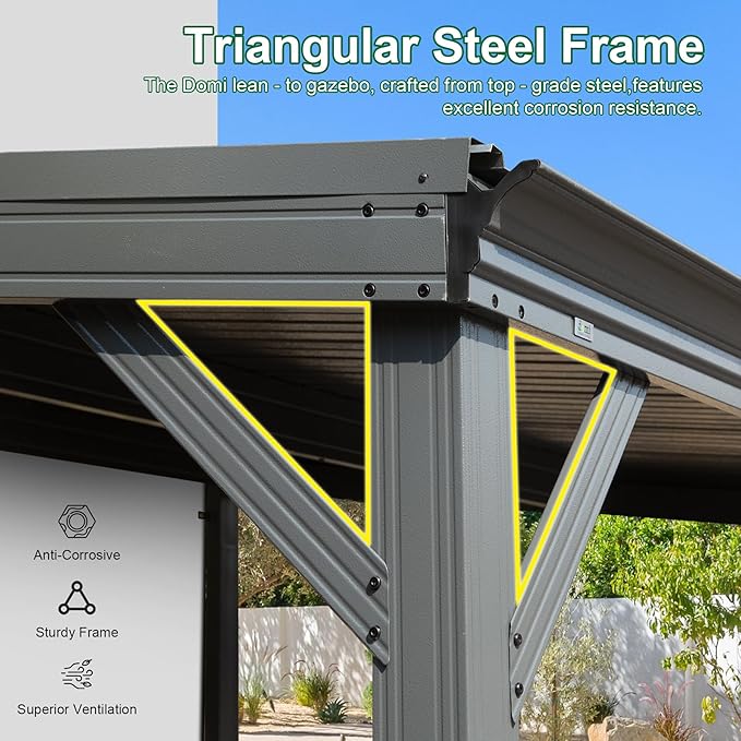 Domi 8’x10’ Lean-to Gazebo, Hardtop Wall-Mounted Gazebo Pergola with Sloping Galvanized Steel Roof and Upgraded Drainage System, Outdoor Permanent Metal Shelters for Patio Backyard Deck, Grey