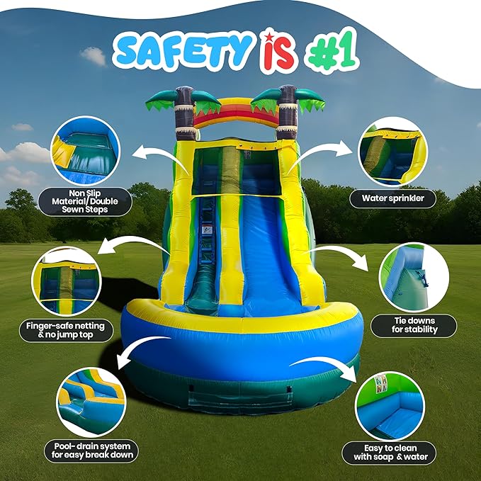 Inflatable Water Slide for Kids and Adults with Splash Pool, Commercial Grade Tropical Backyard Water Park with Slide, Outdoor Fun, Works with Water or Dry Play, 26ft x 9ft x 16ft - with Blower