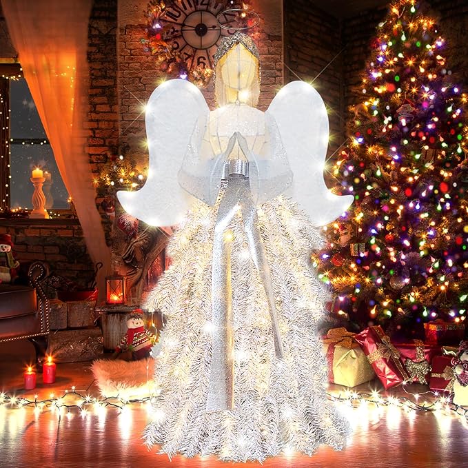 54" Angel with Wings Christmas Decoration for Indoor Outdoor,Lighted up White Angel Halo Christmas Decor Holiday Display with Lights