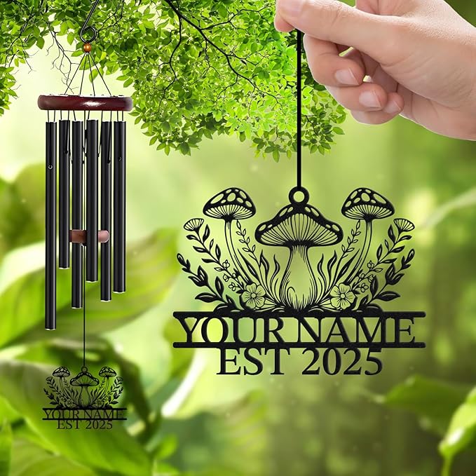 Personalized Customize Name Fantasy Mushroom Wonderland Wind Chime, Metal Iron 37 Inch Outdoor Memorial Gift for Garden Yard Patio Home Decor, Black (Style A)