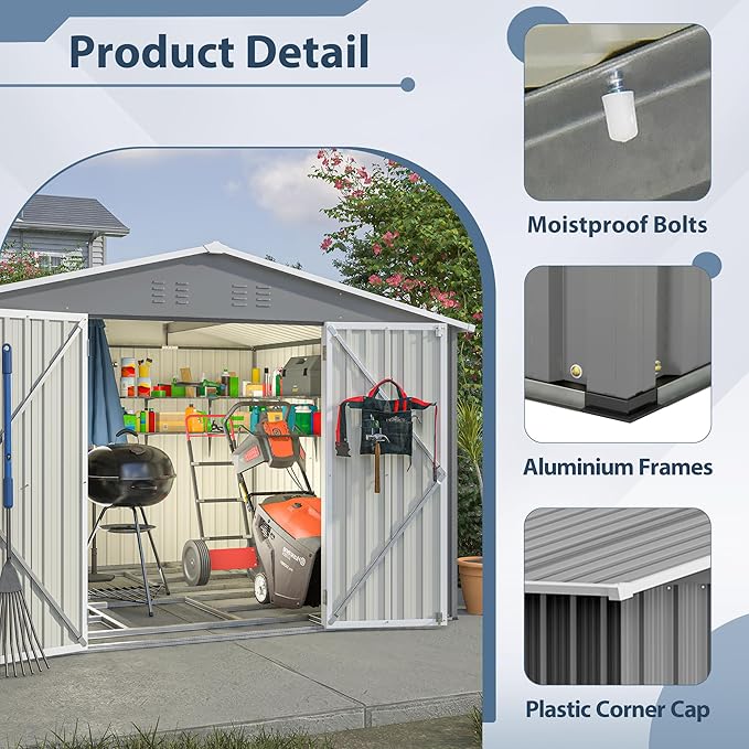 10X8 FT Outdoor Tool Storage Shed with Metal Foundation & Lockable Doors, All Weather Metal Sheds for Garden, Patio, Backyard, Lawn, Gray