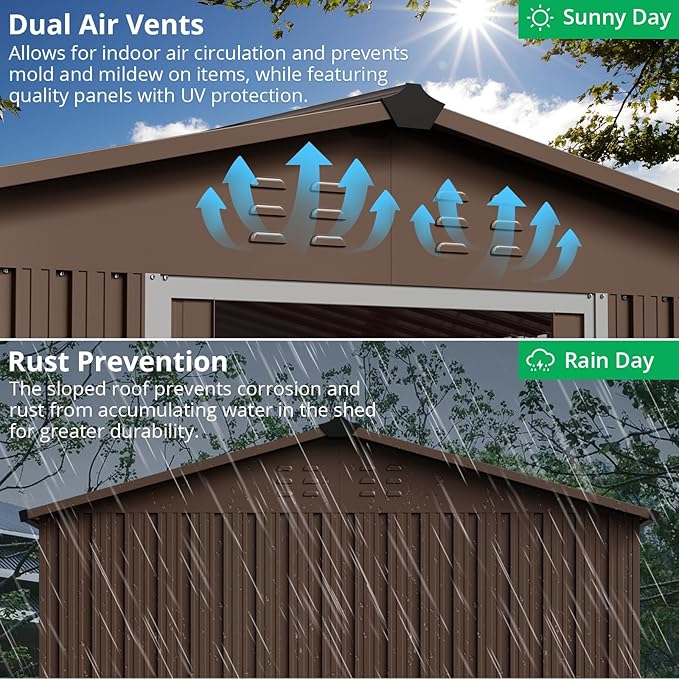 8X12 FT Large Metal Outdoor Storage Shed, Galvanized Steel Garden Tool Shed with Lockable Double Doors & Ventilation for Bicycles, Tools, Lawnmowers, Backyards, Patios, Lawns, Brown