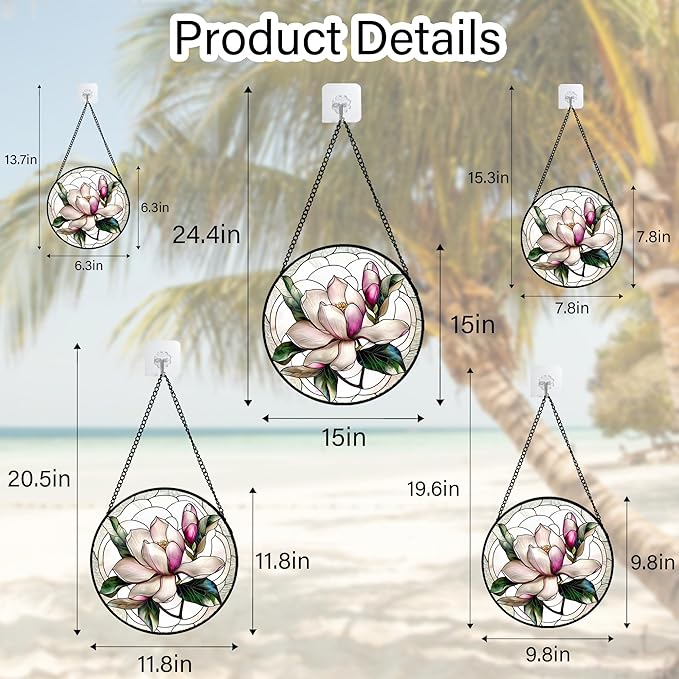 Stained Glass Window Hanging - Pink Magnolia Flower Petal Suncatcher for Doors Window Home Sun Catchers Decor Christmas Mother's Day Birthday Gifts for Teacher Women Men Mom Nana 7.8 in