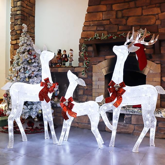Lulu Home Christmas Yard Decoration, Set of 3 Pre-lit White Reindeer with 265 LEDs White Lights, 3D Light Up Glittered Standing Reindeer Family for Xmas Lighted Holiday Display Indoor Outdoor