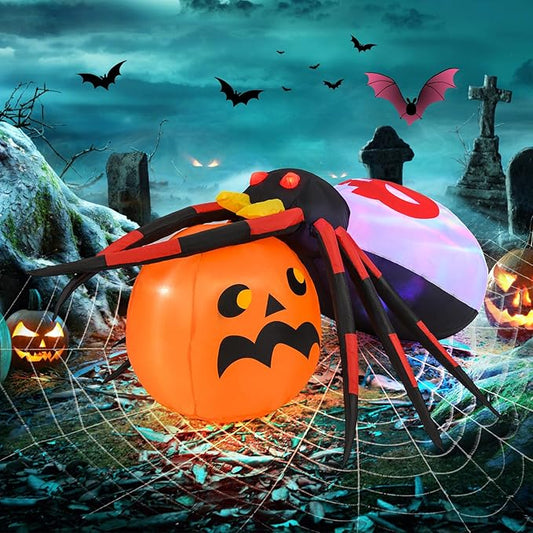 Goplus 5 Ft Length Halloween Inflatables, Spider Outdoor Decoration with Pumpkin, Magic Disco Light, Shimmering Red Eyes, Built-in LED Lights, Blow up Yard Decoration for Party, Yard, Lawn, Patio
