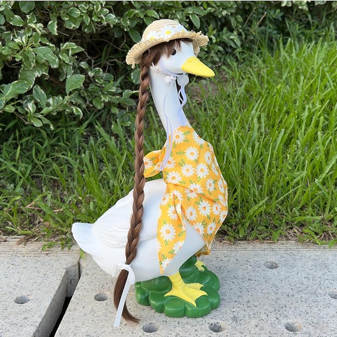 Porch Goose Outfits Statue Decor-20 Large Goose Decrations, Resin Sculpture Wear Yellow Daisy Scarf Clothing, Funny Goose, Big Duck Statue for Yard Lawn Housewarming Birthday Gifts for Mom,Women,Girl