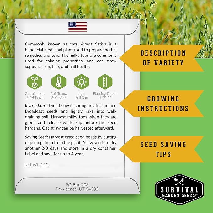Survival Garden Seeds - Oat Seed for Planting - 3 Packs with Instructions to Plant & Grow Avena Sativa in Your Home Vegetable or Herb Garden - Medicinal Herb & Cover Crop - Non-GMO Heirloom Variety