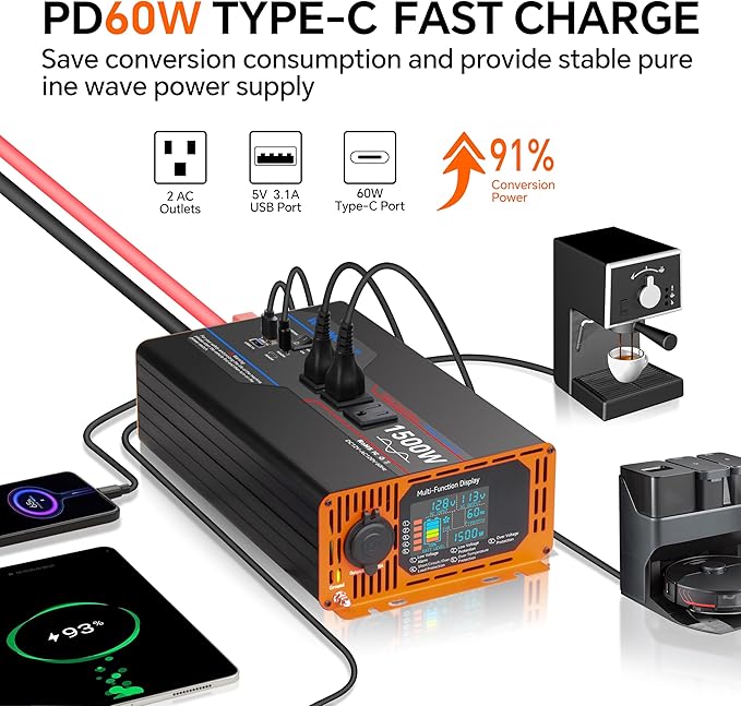 1500W Pure Sine Wave Inverter, Car Power Inverter 12V to 110V 120V, DC to AC Converter Generator with AC Outlets 3.0A USB Type-C, Remote Controller LCD Display Truck Inversor for Vehicles, RV