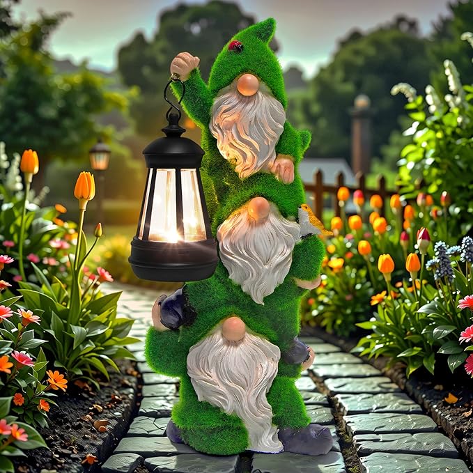 Solar Gnomes Garden Statues,Resin Flocked Gnome Figurine Holding Solar Lights Lantern,Unique Birthday Housewarming Gifts for Women, Mom, Grandma