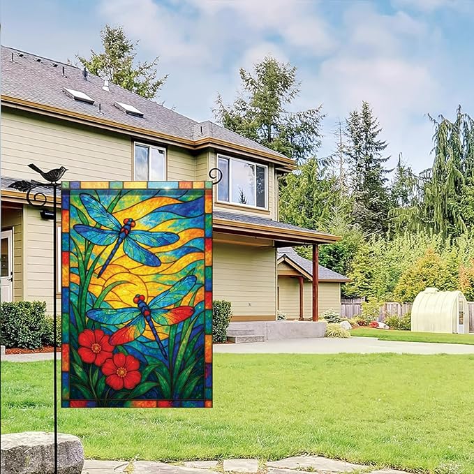 Spring Summer Dragonfly Stained Glass Garden Flag 12x18 Inch Vertical Double Sided Vibrant Outdoor Decor for Yard Lawn Patio Garden Flag for Seasonal Home and Garden Decoration