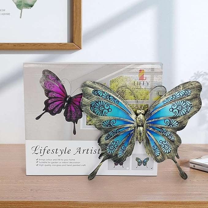 LIFFY Metal Butterfly Outdoor Decor 12" Hanging Glass Butterflies Wall Decor Garden Art Decorative Ornaments Outside Indoor Home Decor for Living Room Bedroom Patio Fence