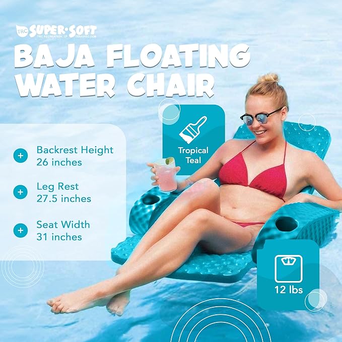 TRC Recreation Folding Baja Chair Foam Swimming Pool Float, Portable Super Soft Floating Lounger with 2 Cup Holders for Beach Essentials, Pink