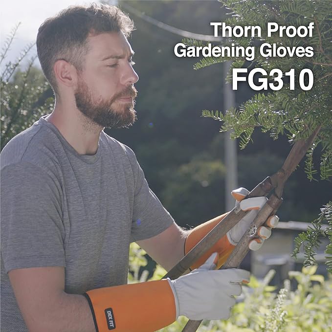 DEX FIT FG310 Gardening Gloves for Women & Men, Long Thorn Proof Leather Sleeves Protection, Comfortable, Durable for Cactus, Rose Bush Pruning and Garden and Yard Work; Orange M (8) 1 Pair