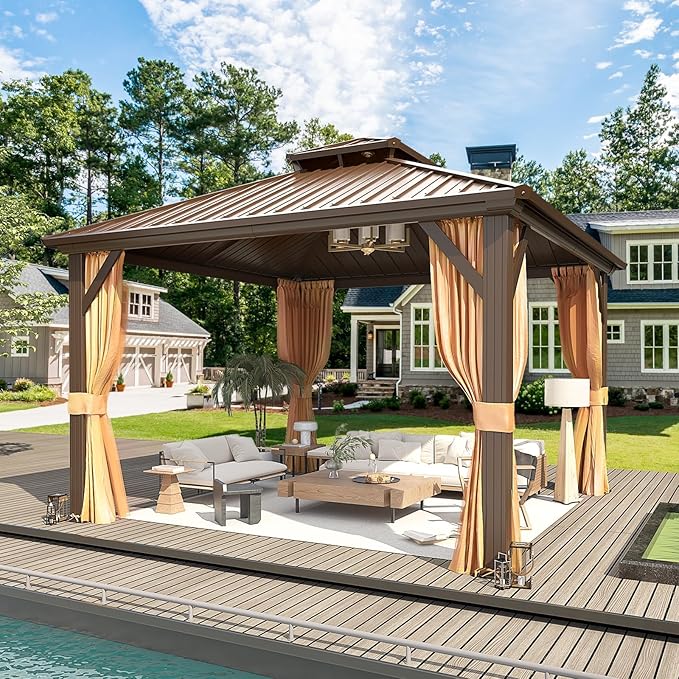 MELLCOM 12'x12' Hardtop Gazebo, Metal Double Roof Aluminum Gazebos with Curtain and Netting,Brown Permanent Galvanized Steel Pavilion for Patio, Lawn & Deck