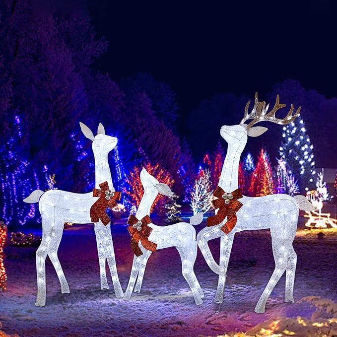 Lulu Home Christmas Yard Decoration, Set of 3 Pre-lit White Reindeer with 265 LEDs White Lights, 3D Light Up Glittered Standing Reindeer Family for Xmas Lighted Holiday Display Indoor Outdoor