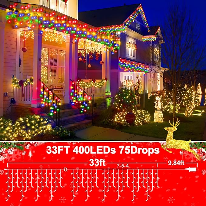 KNONEW 33FT 400 LED Christmas Lights Outdoor Black Wire String Lights with 75 Drops, 8 Lighting Modes, Timer Memory Function Connectable Hanging Curtain Lights for Halloween Party Decor(Multicolor)