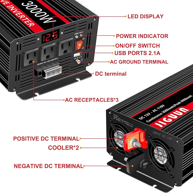 JIGUUN Pure sine Wave Inverter 3000W, 12V to 110V Power Inverter Converter with 4 AC sockets, USB Output and LED Display for RV Camping Emergency Household appliances (3000WPRO)