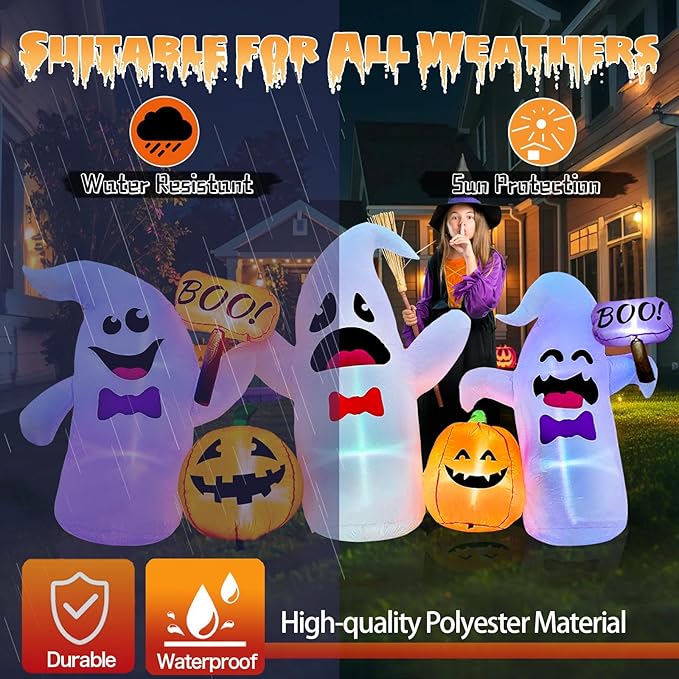8FT Long Halloween Inflatable Ghosts and Pumpkins, 3 Blow Up Ghosts Inflatables with 2 Pumpkin Built-in LED Lights for Halloween Party Yard Garden Lawn Decorations