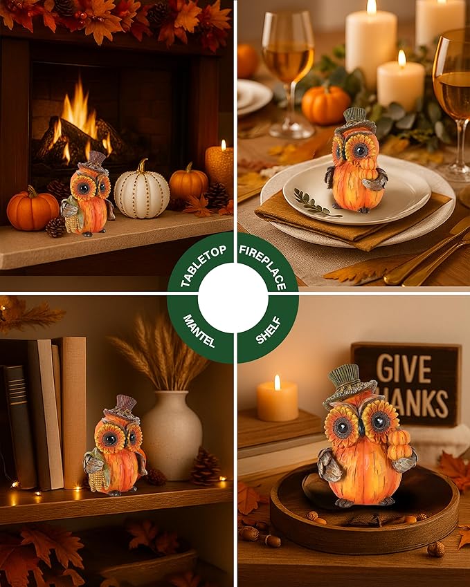 iStatue Set of 2 Thanksgiving Decorations Owl Figurines – Hand-Painted Resin Pumpkin Owls with Sunflower Eyes & Hats, 4.7” Fall Harvest Table Decor for Autumn Centerpiece (Yellow)