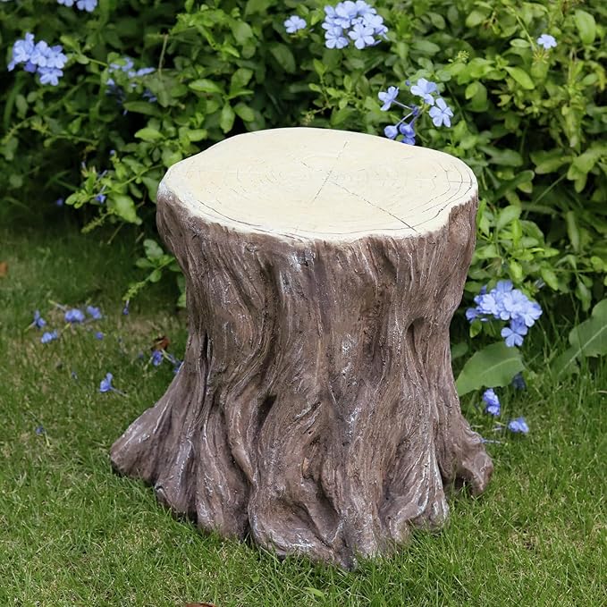 13''H Tree Stump Statue Stool with Faux Wood Grain Finish Magnesium Oxide Stump Sculpture Stump Side Table Garden Pedestals Tree Stump End Table for Indoor/Outdoor Patio Yard Garden Porch Decor